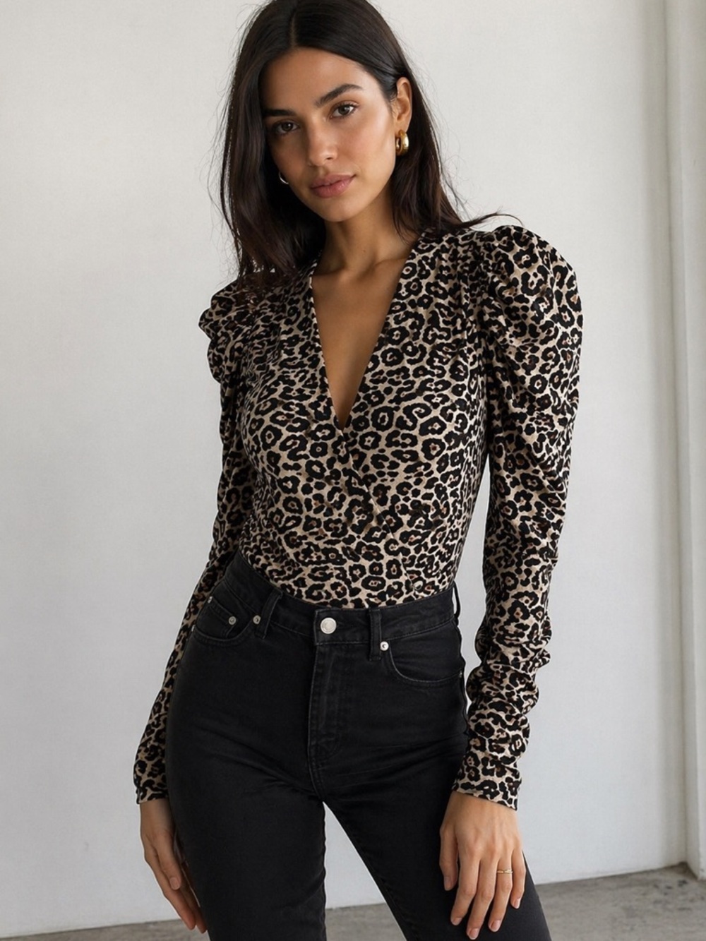 AFRM Leopard Print V-Neck Puff-Sleeve Top - Black & Tan